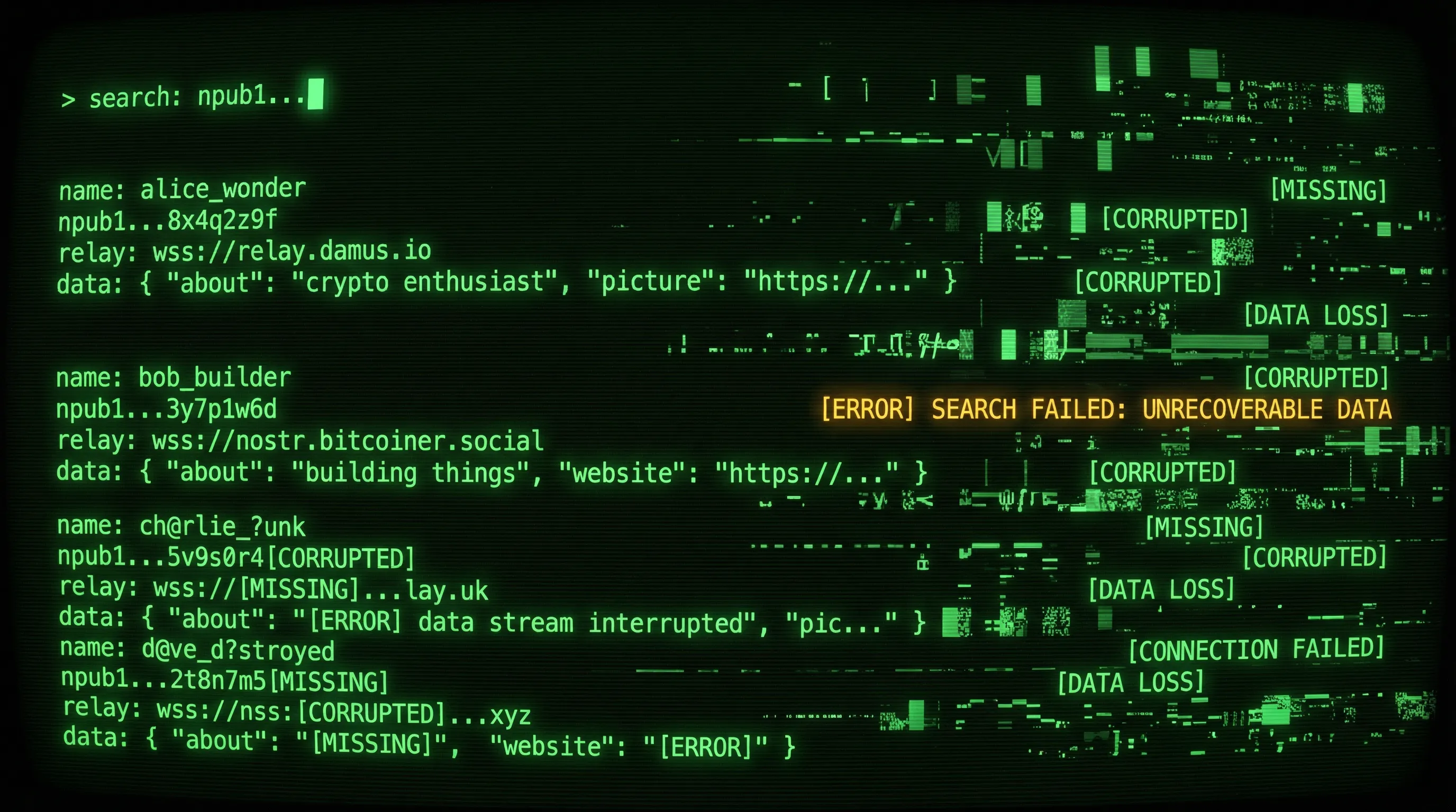 A CRT terminal screen showing scattered user profile fragments dissolving across the display